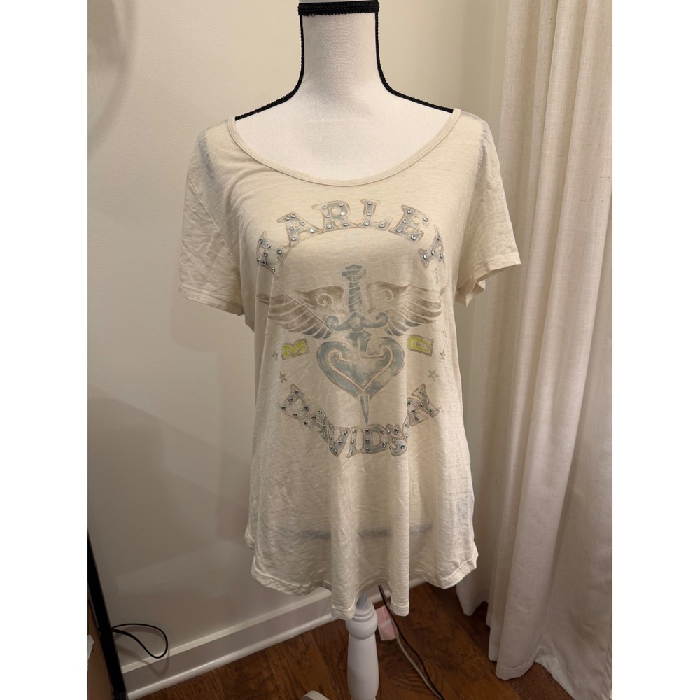Harley Davidson Women XL Cream Graphic T-Shirt Rhinestone Winged Heart Biker Tee